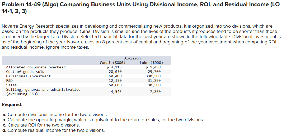  Problem 14-49(Algo) Comparing Business Units Using Divisional Income, ROI, and Residual