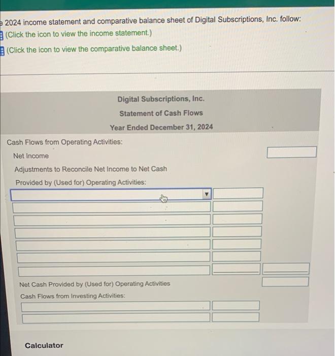 Prepare the 2024 statement of cash flows, formatting operating activities by the