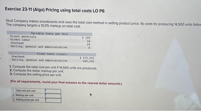 please help 5 Exercise 23-11 (Algo) Pricing using total costs LO P6
