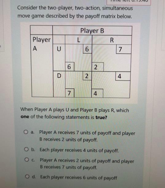  Consider the two-player, two-action, simultaneous move game described by the payoff