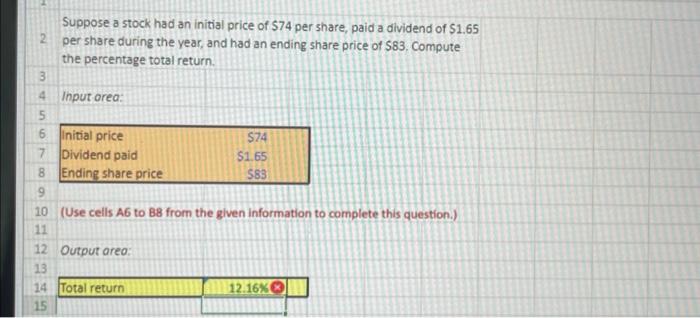 answer, input area, output, area, total return. Suppose a stock had an