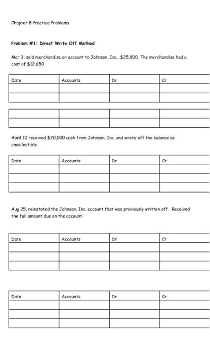  Chapter 8 Practice Problems Problem #1: Direct Write Off Method Mar