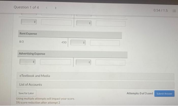 due Purchased supplies on account $940, Paid $3,420 cash for employees salaries