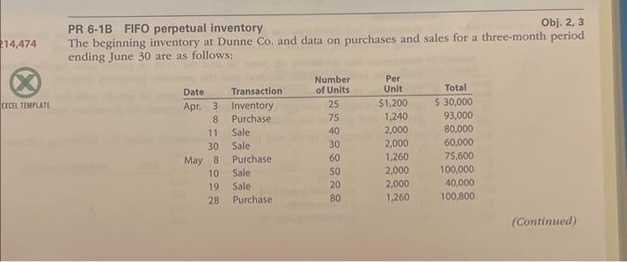  Obj. 2, 3 PR 6-1B FIFO perpetual inventory The beginning inventory