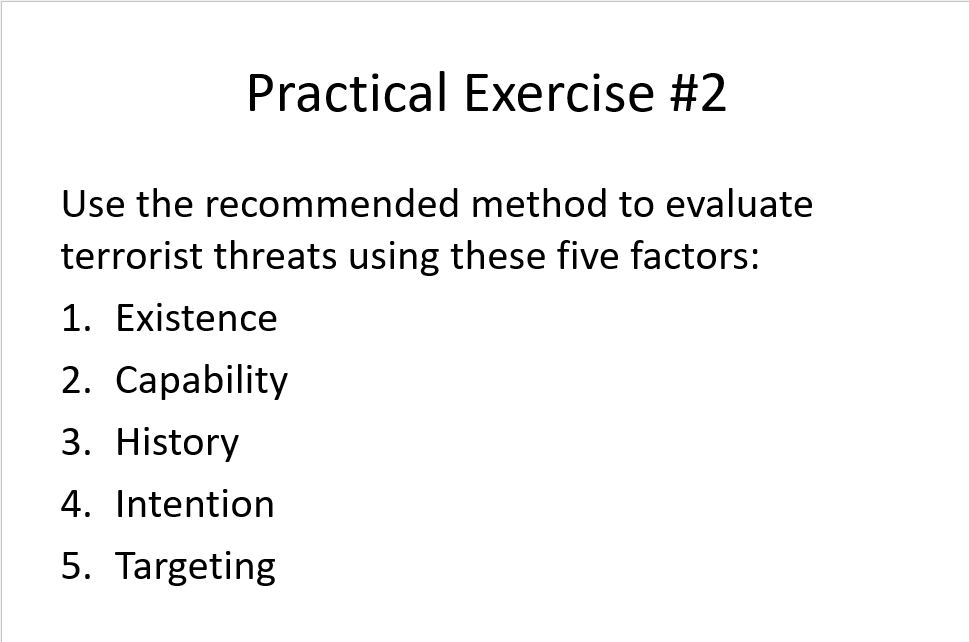 to refine your inputs and evaluate terrorist threats using these five factors:ExistenceCapabilityHistoryIntentionTargetingRequirements:Conduct