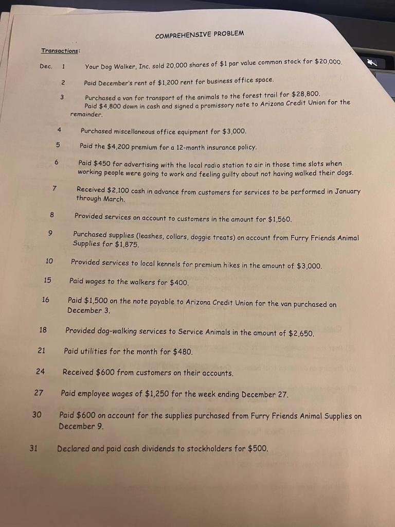 Prepare journal entries. COMPREHENSIVE PROBLEM Transactions: Dec. 1 Your Dog Walker,