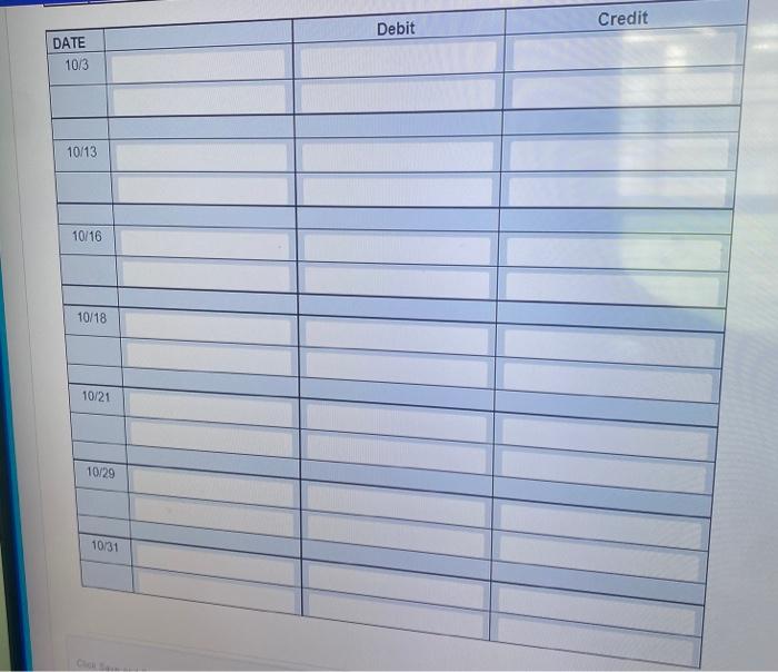 Journalize the following selected transactions for October. Skip a line between journal