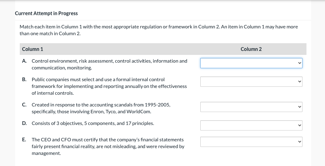 COSO Internal COntrol-Integrated Framework SEC SOX Match each item in Column 1