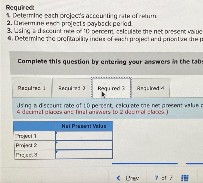 each project (1-3). 4. Determine the profitability index of each project and