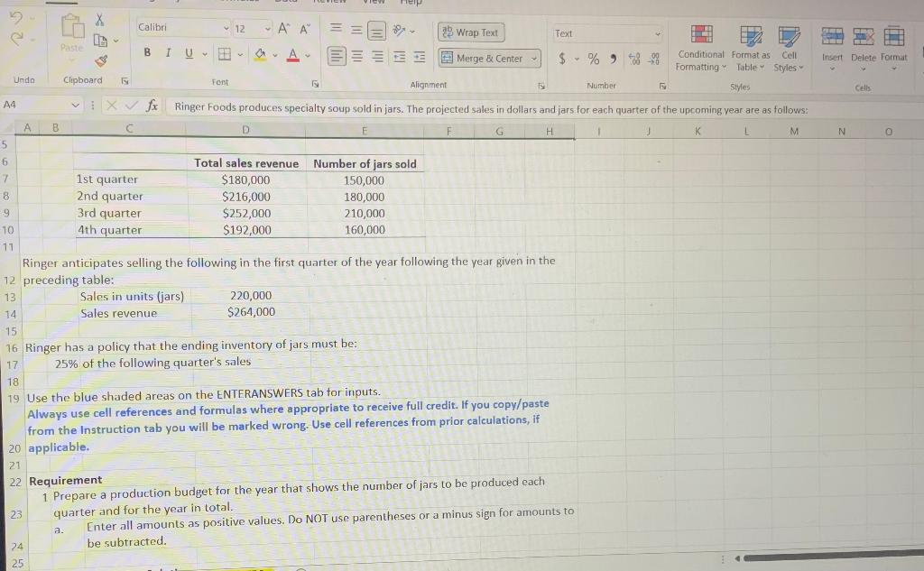 number of jars to be produced each quarter and for the year