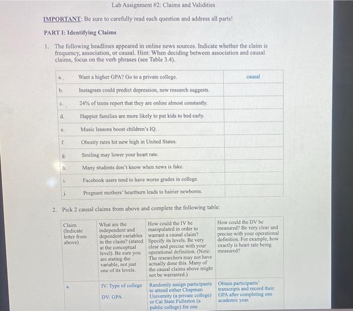 help please Lab Assignment #2: Claims and Validities IMPORTANT. Be sure to