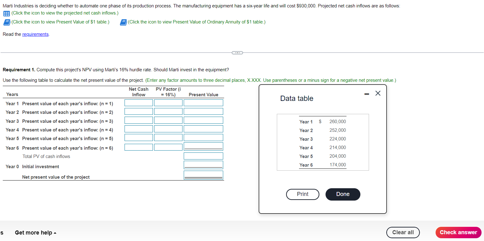 1. Compute this project's NPV using 's marti's 16% hurdle rate. Should