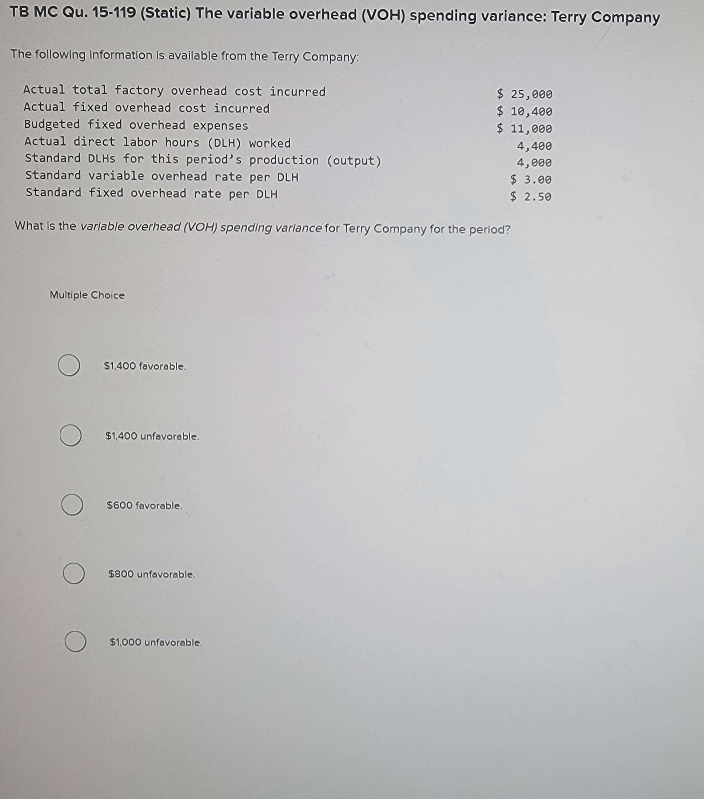  TB MC Qu. 15-119 (Static) The variable overhead (VOH) spending variance: