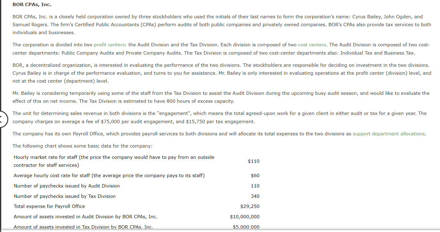 Chapter 10 Mastery This is the full question BOR CPAs, Inc. BOR
