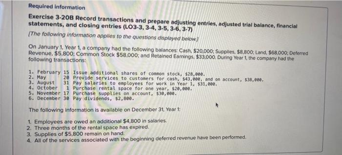 m Required information Exercise 3-20B Record transactions and prepare adjusting entries, adjusted