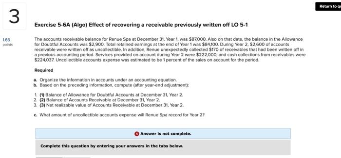 please help Return to go 3 1.66 points Exercise 5-6A (Algo) Effect