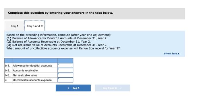 balance for Renue Spa at December 31, Year 1, was $87000. Also