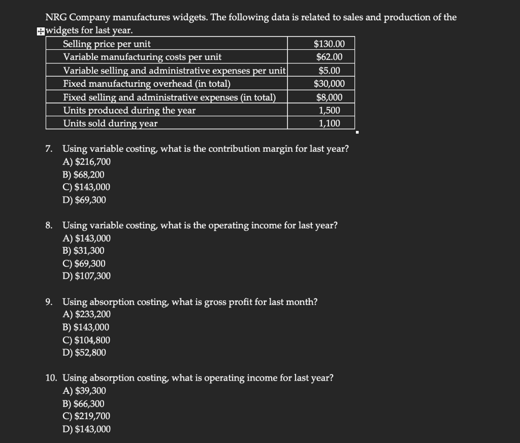 Please show me the work for each answer. thank you! NRG Company