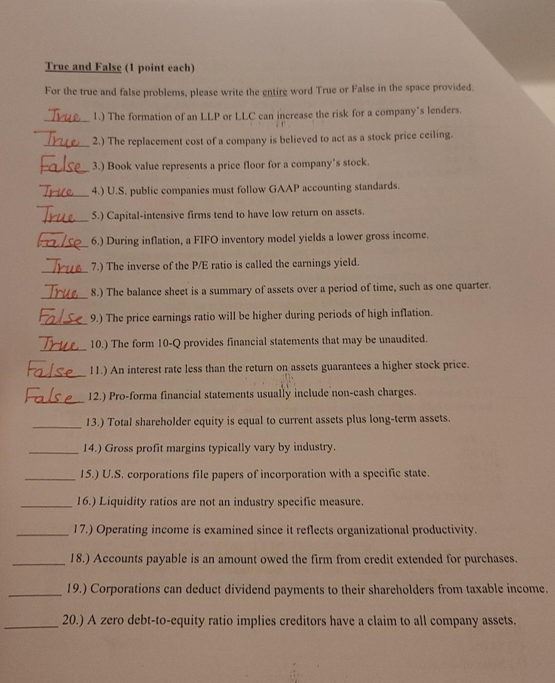  I need help with this true and false, please as soon