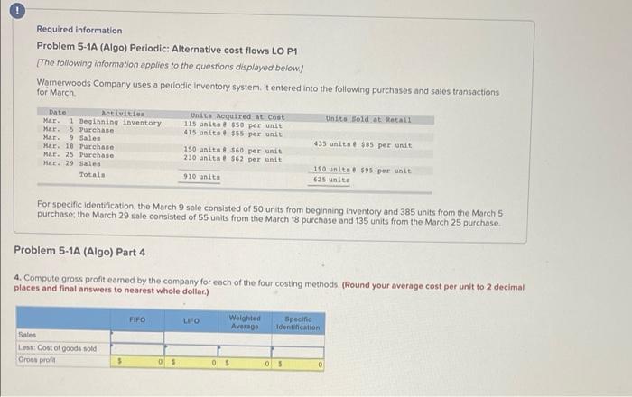 can you explain as well please. ! Required information Problem 5-1A (Algo)