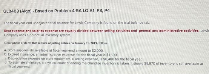  GL0403 (Algo) - Based on Problem 4-5A LO A1, P3, P4