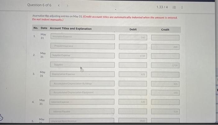 on May 31 is as follows. In addition to those accounts listed