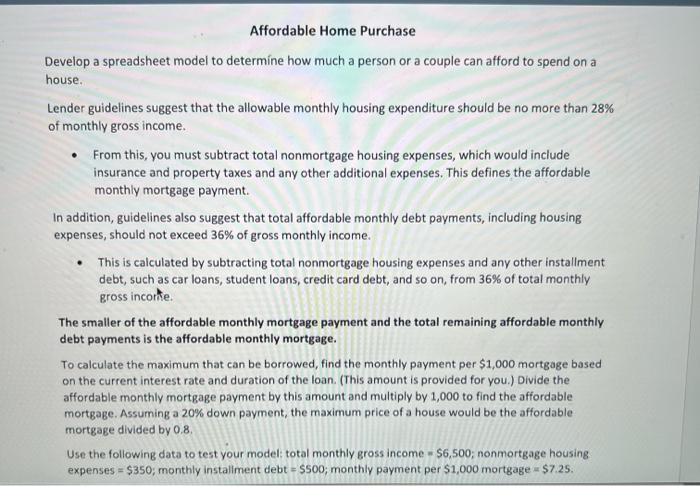  Specifically scenario 2 Aftordable Home Purchase Develop a spreadsheet model to