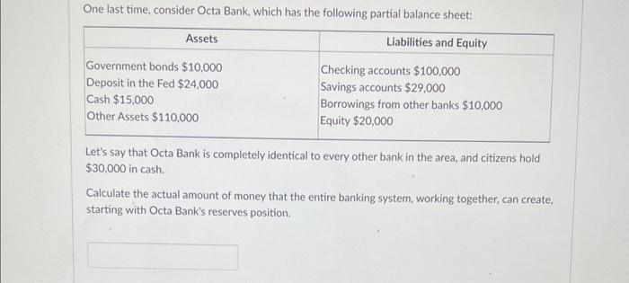 reserves. Again, please consider Octa Bank, which has the following partial balance