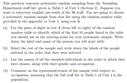  Table This question concerns systematic random sampling from the "Sampling Department
