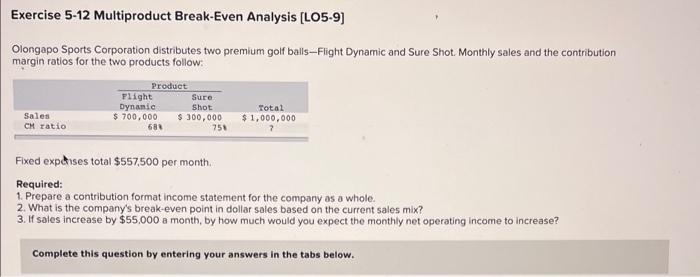 how do I solve this? Exercise 5-12 Multiproduct Break-Even Analysis [LO5-9] Olongapo
