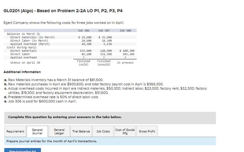 the tabs below. Calculate the amount of overhead to be applied to