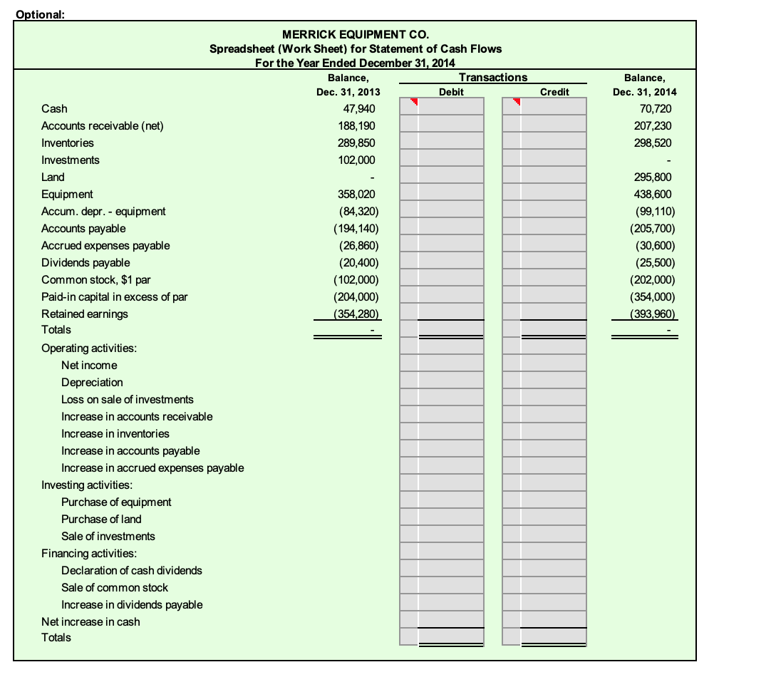 is as follows: MERRICK EQUIPMENT CO. Statement of Cash Flows For the