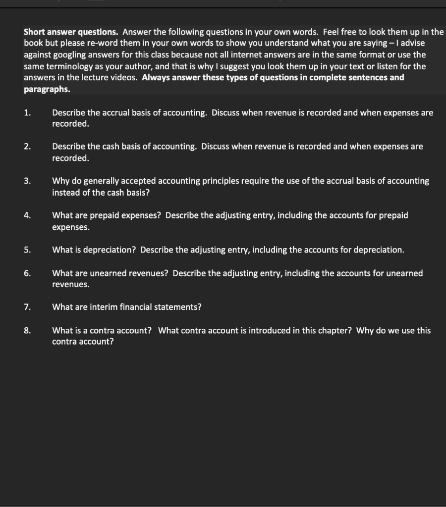 I need help solving these accounting questions. Short answer questions. Answer the