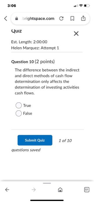 corporate finance Question 10 (2 points) The difference between the indirect and