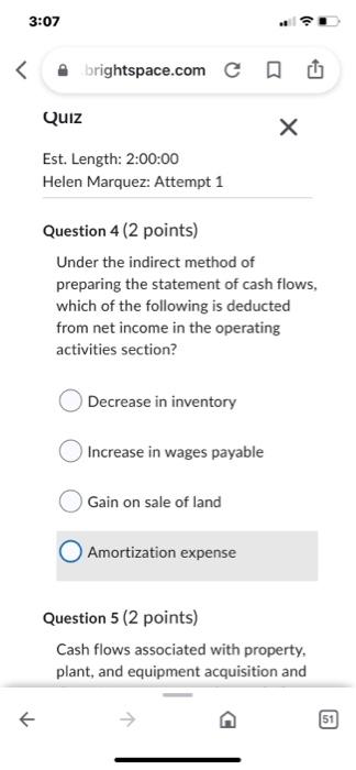 activities cash flows. True False Est. Length: 2:00:00 Helen Marquez: Attempt 1