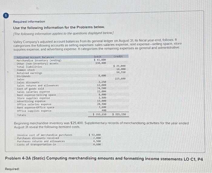  Required information Use the following information for the Problems below. [The