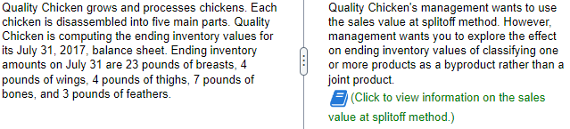 for part 1: Quality Chicken grows and processes chickens. Each chicken