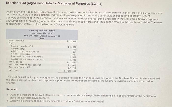 please help! Exercise 1-30 (Algo) Cost Data for Managerial Purposes (LO 1-3)