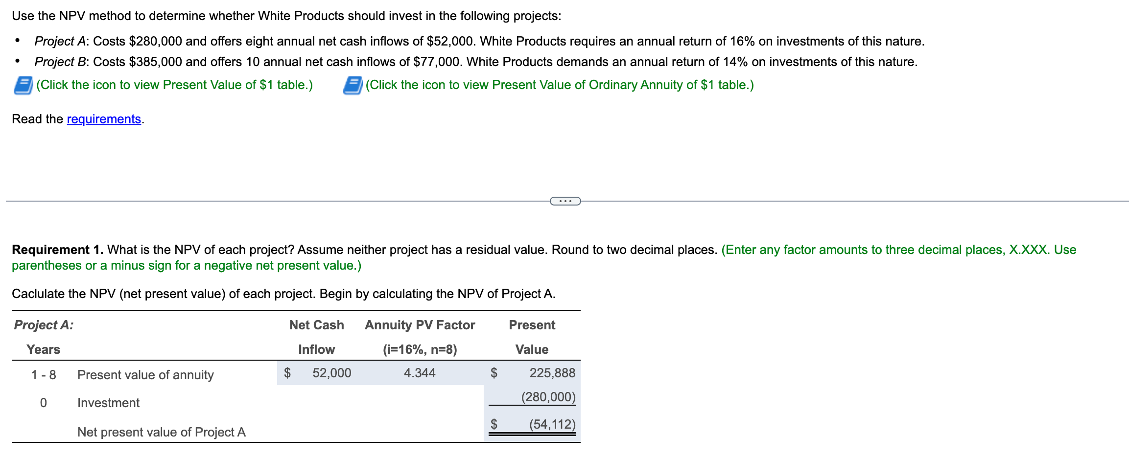 Please help with requirement 2 Use the NPV method to determine whether