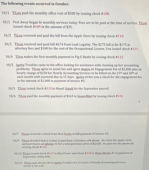 In proper general journal format, record transactions for the month of October,