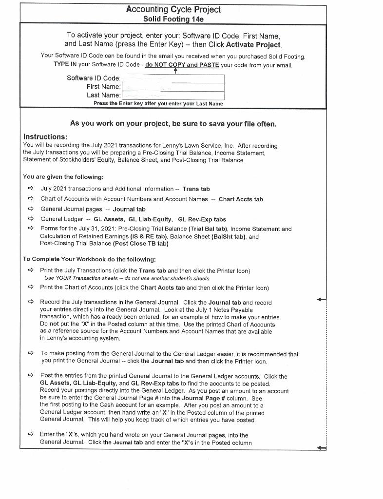 ACP Project Solid Footing 14e Accounting Cycle Project Solid Footing 14e To