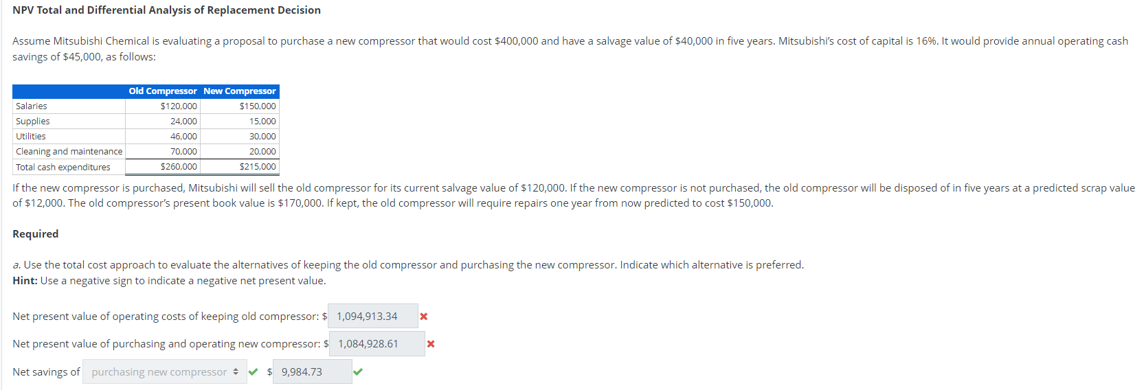 Please, just answer the NPV for keeping old compressor and purchasing