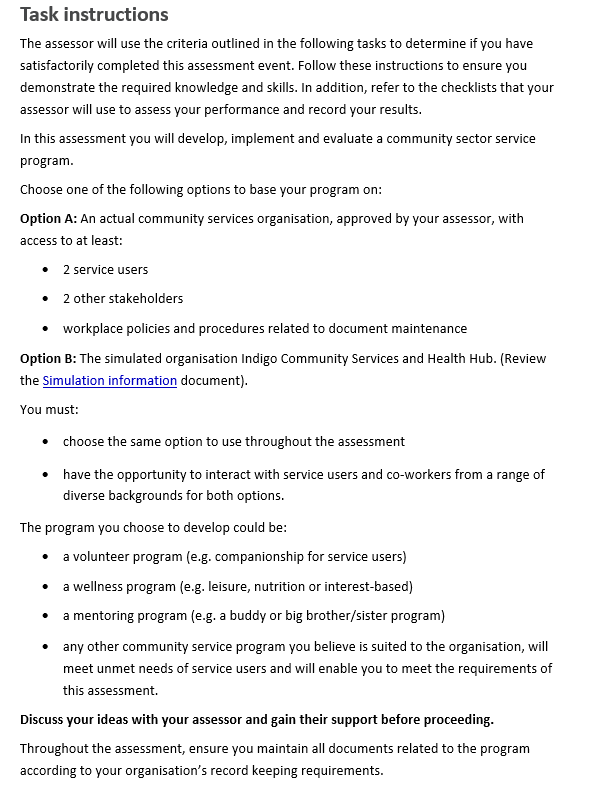 Task instructions The assessor will use the criteria outlined in the