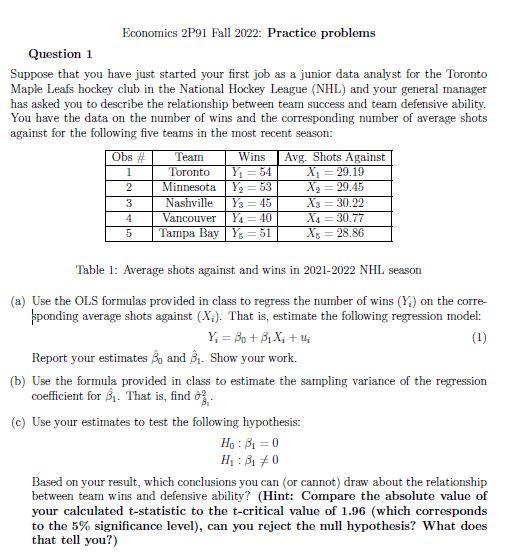 Economics 2P91 Fall 2022: Practice problems Question 1 Suppose that you