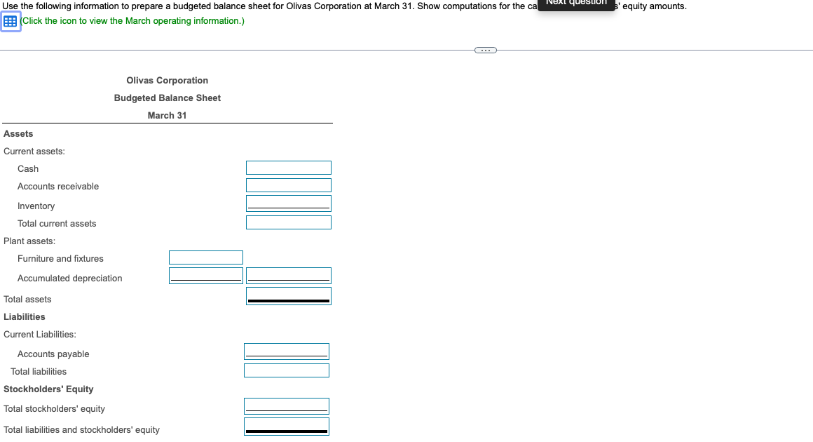 equity amounts. Use the following information to prepare a budgeted balance sheet
