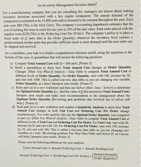  Just need help on part D An Inventory Management Decision Model