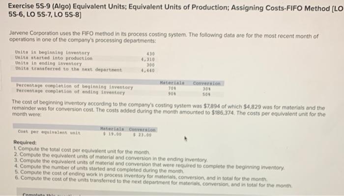 question on hw need help pls Exercise 5S-9 (Algo) Equivalent Units; Equivalent