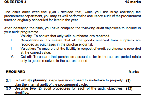  QUESTION 3 15 marks The chief audit executive (CAE) decided that,