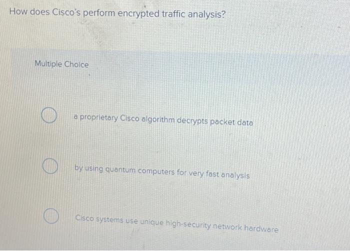  How does Cisco's perform encrypted traffic analysis? Multiple Choice O a