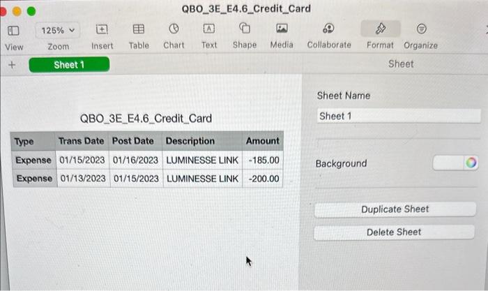 select the link for the data file: QBO3E E4.6 Credit Card.csv. -